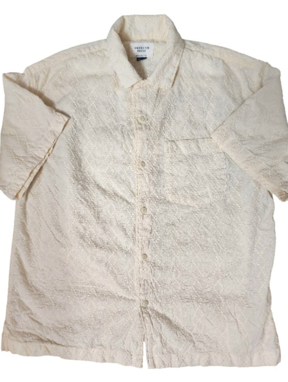 AMERICAN EAGLE Unisex Boyfriend-Fit Poolside Cream  Short-Sleeve Button Down XS